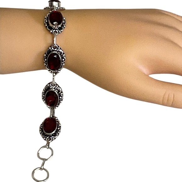 Artisan Jewelry - Sterling Silver Bracelet with Faceted Red Cabochons Adjustable 6.5 to 7"